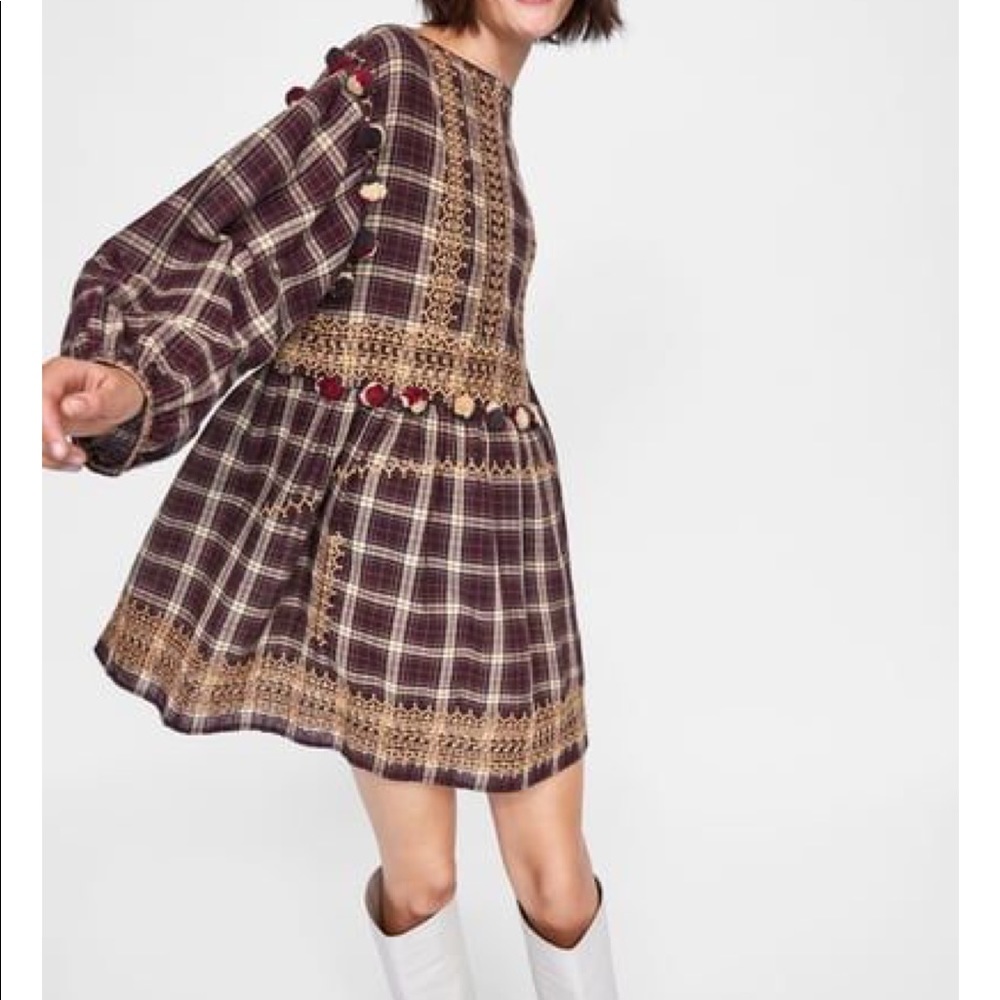 NEW ZARA PLAID EMBROIDERED POMPOM MINI DRESS S